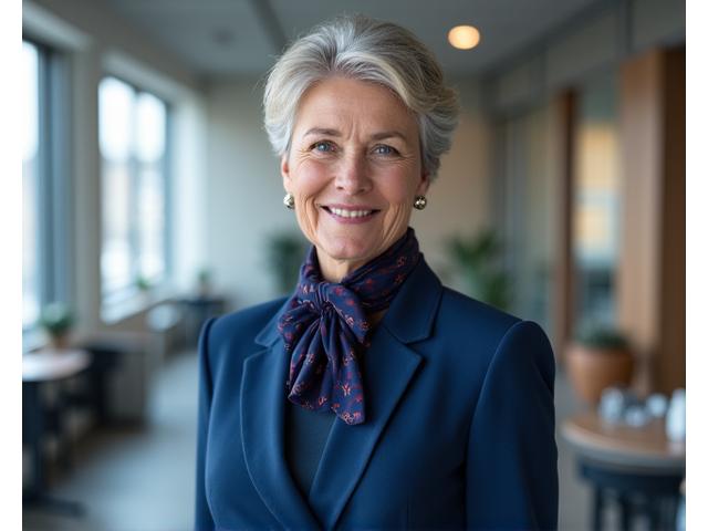 En senior kvinne i en elegant drakt, som ser profesjonell og selvsikker ut på et moderne kontor.